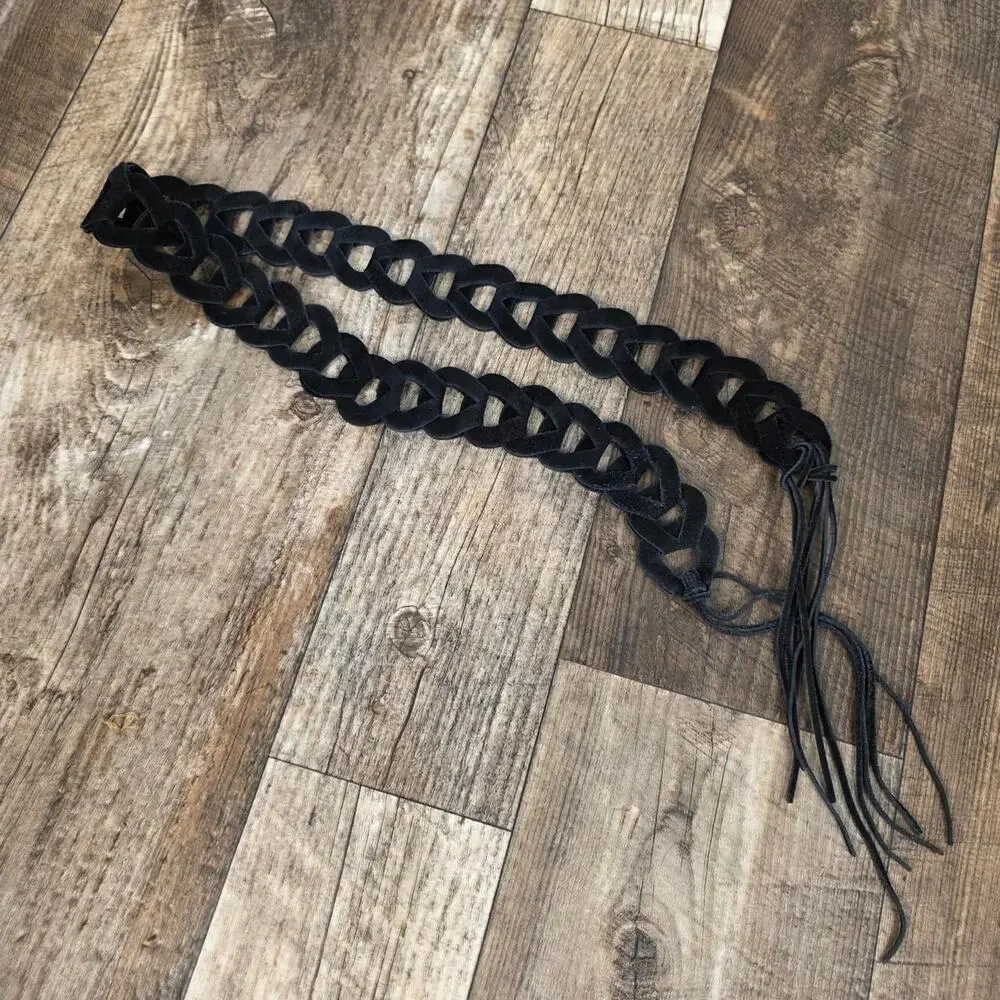 Vintage Braided Belt Waist Boho Western Fringe Festival Waist Belt Black Suede